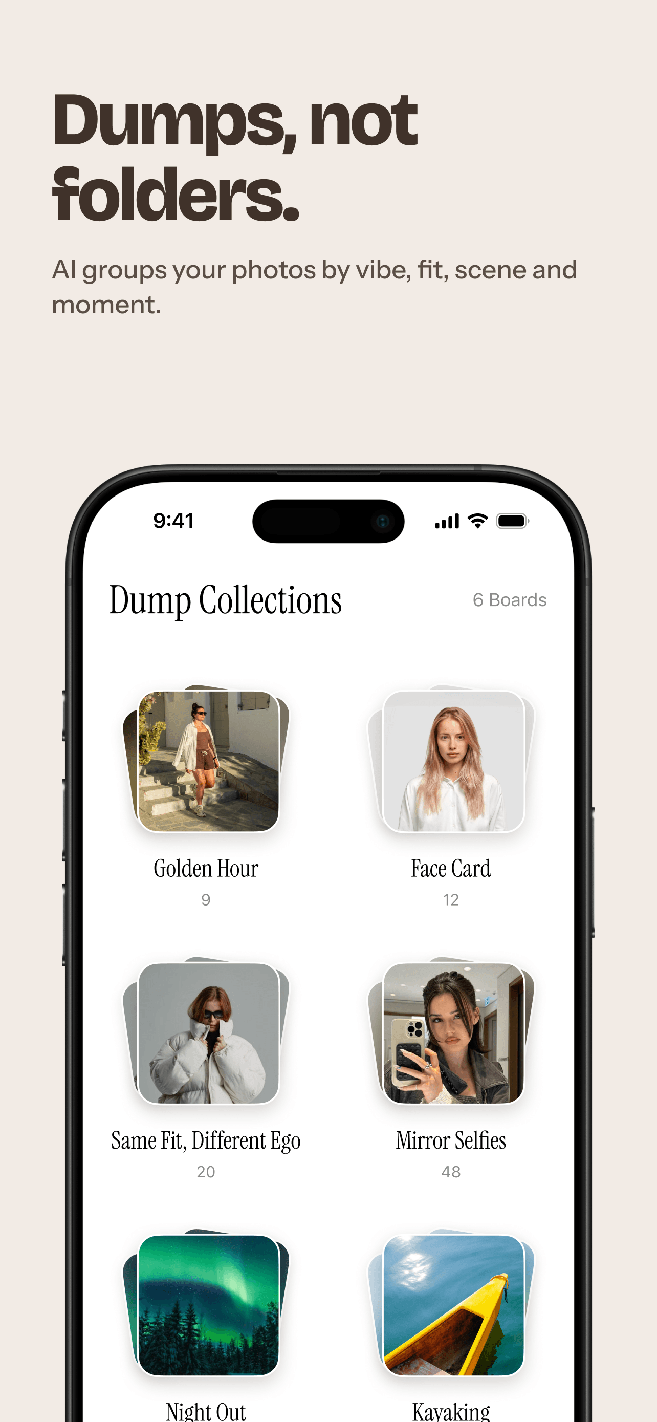 SelfieDump Dump Collections screen showing photo boards named Golden Hour, Face Card, Same Fit Different Ego, and Mirror Selfies.