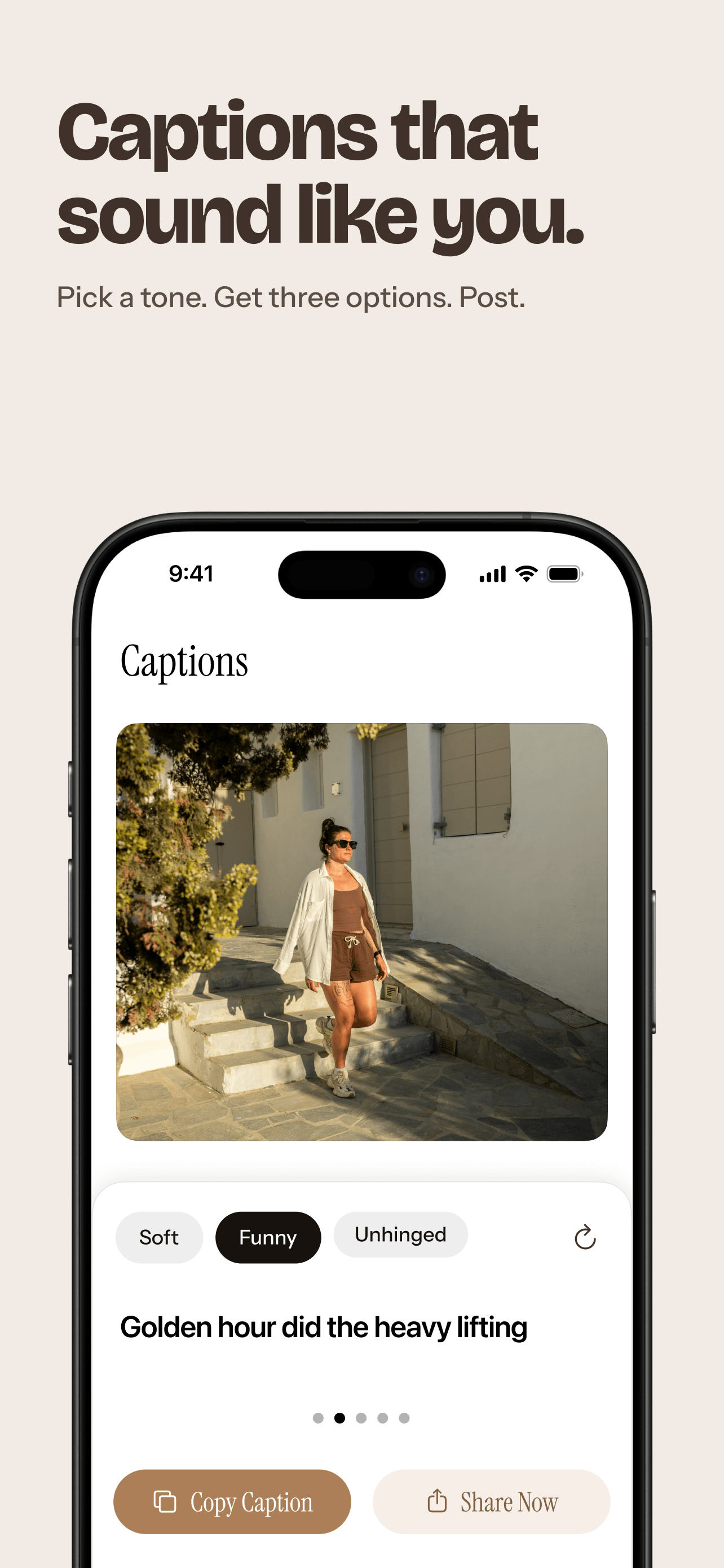 SelfieDump caption screen with Soft, Funny, and Unhinged tone options and a generated caption reading 'Golden hour did the heavy lifting.'