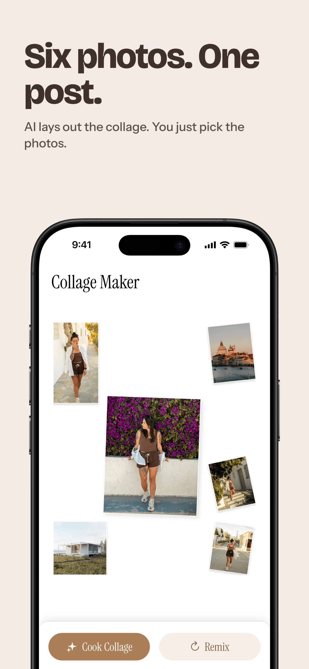 SelfieDump Collage Maker screen with several photos arranged for a collage and a Cook Collage button.
