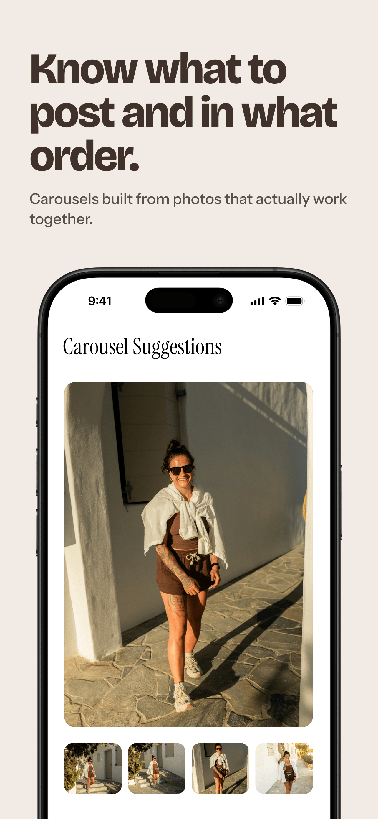 SelfieDump Carousel Suggestions screen showing a main photo with a filmstrip of matching shots below it.