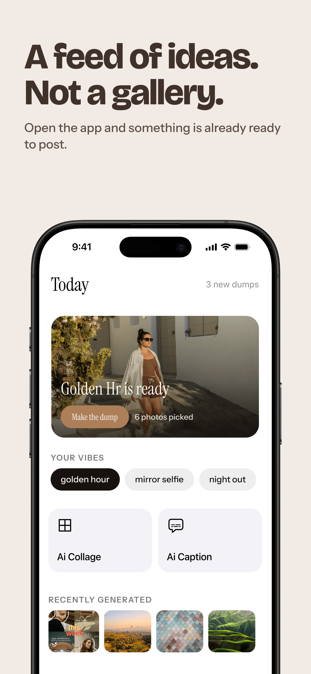 SelfieDump home feed showing a ready 'Golden Hr' dump, vibe tags, and shortcuts for AI Collage and AI Caption.